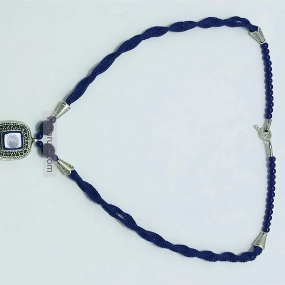 Beaded Chain Necklace with Triple Blue Square Pendants, Lapis Lazuli Stone - Picture 11 of 16